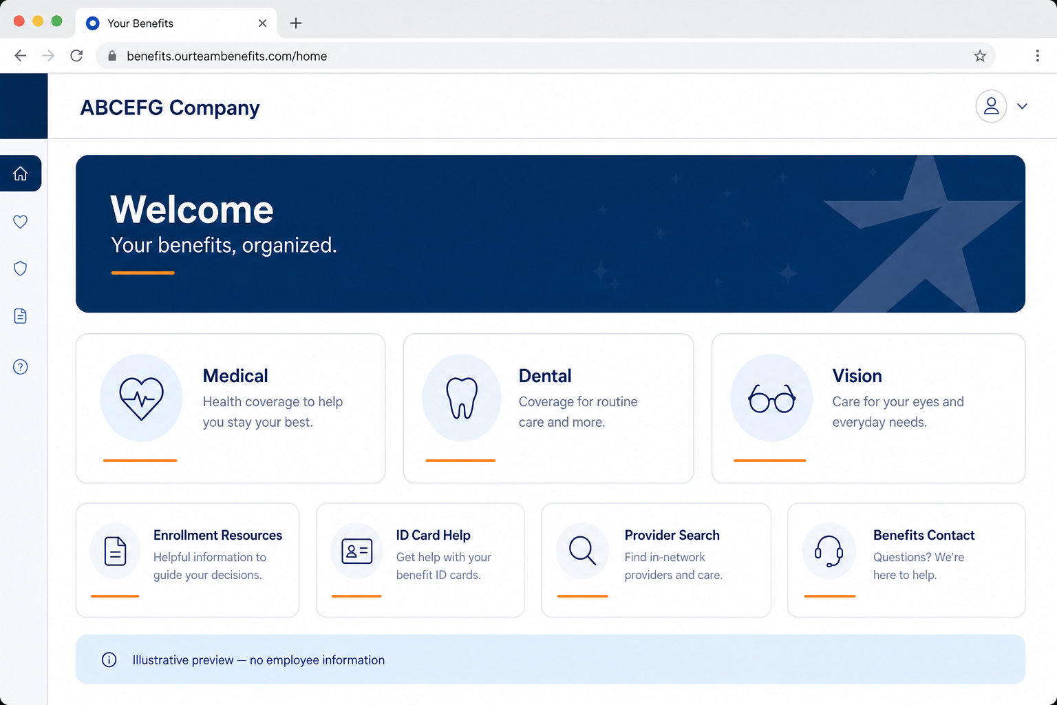 Illustrative preview of a fictional ABCEFG Company benefits homepage for employees.